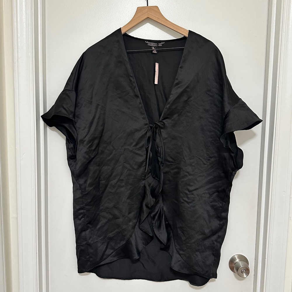 Victoria's‎ Secret | NWT Black Satin Ruffle Tie Short Sleeve Kimono Robe, OS